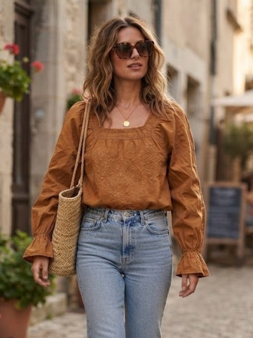 Ultra Pink Mustard Brown Rust Embroidered Square Neck Peasant Blouse Top Hippie